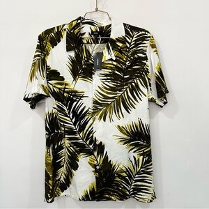 Express Linen Blend Tropical Leaf Print Button -Up Size Medium Short Sleeve